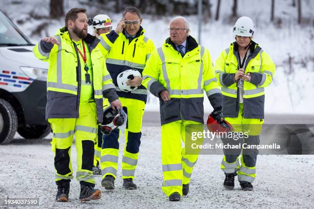 King Carl Gustav of Sweden visits the Stockholm Bypass on January 18, 2024 in Stockholm, Sweden. The Stockholm Bypass is a series of underground...