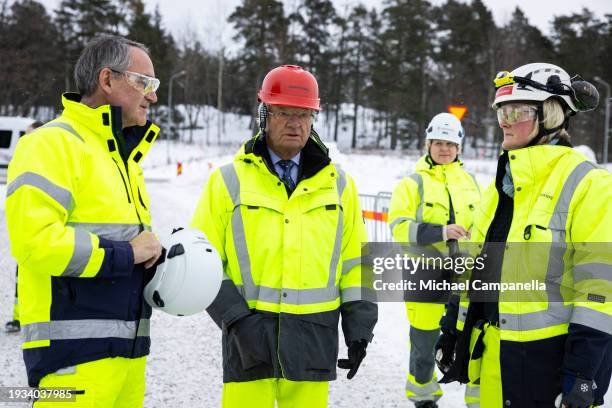 King Carl Gustav of Sweden visits the Stockholm Bypass on January 18, 2024 in Stockholm, Sweden. The Stockholm Bypass is a series of underground...