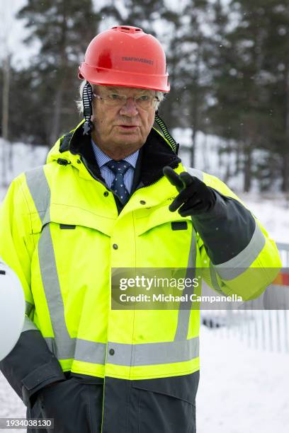 King Carl Gustav of Sweden visits the Stockholm Bypass on January 18, 2024 in Stockholm, Sweden. The Stockholm Bypass is a series of underground...