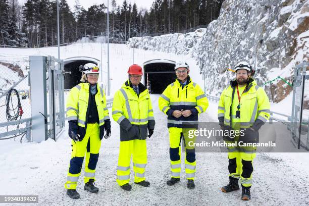 King Carl Gustav of Sweden visits the Stockholm Bypass and is greeted by Camilla Magnusson, Klas Dalberg, and Roberto Maiorana on January 18, 2024 in...