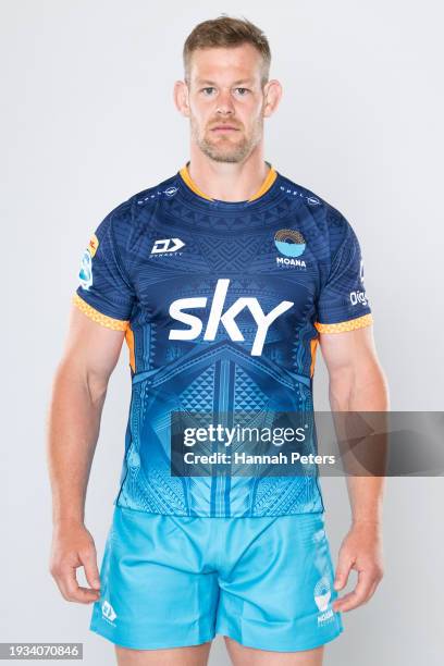 Tom Savage poses during the Moana Pasifika 2024 Super Rugby headshots session at Mount Smart Stadium on January 10, 2024 in Auckland, New Zealand.