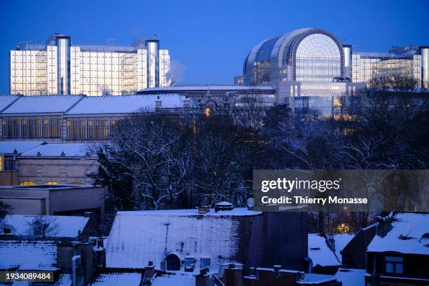 View of the Paul-Henri Spaak building of the European Parliament with roof under snow on January 18, 2024 in Brussels, Belgium. The Paul-Henri Spaak...