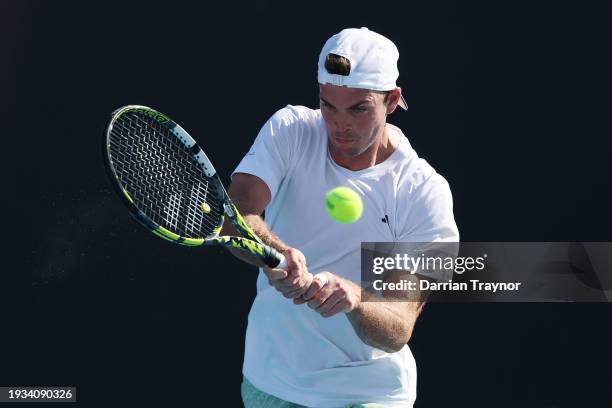 Maximilian Marterer of Germany plays a backhand in their round one singles match against Nuno Borges of Portugal during the 2024 Australian Open at...