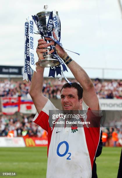 England Captain Martin Johnson lifts the Six Nations Trophy after the RBS Six Nations Championship match between Ireland and England held on March...