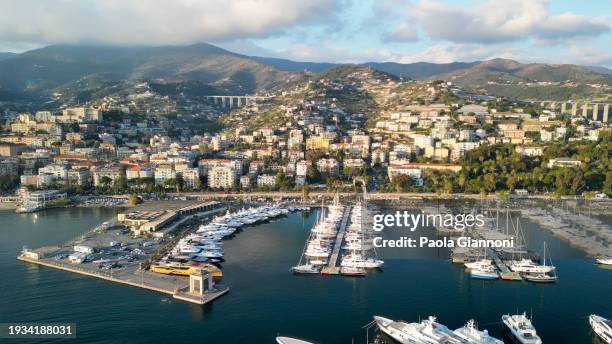 sanremo, italy. aerial view of city port and skyline - san remo italy stock pictures, royalty-free photos & images