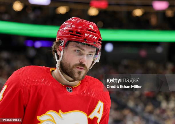 Rasmus Andersson of the Calgary Flames waits for a faceoff in the second period of a game against the Vegas Golden Knights at T-Mobile Arena on...