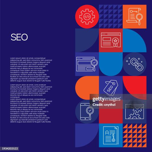 search engine optimization related design with line icons. simple outline symbol icons. webpage, traffic, rating, searching, tagline, keywords. - improved service stock illustrations
