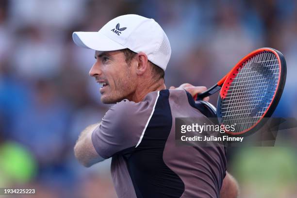 Andy Murray of Great Britain plays a backhand in their round one singles match against Tomas Martin Etcheverry of Argentina during the 2024...