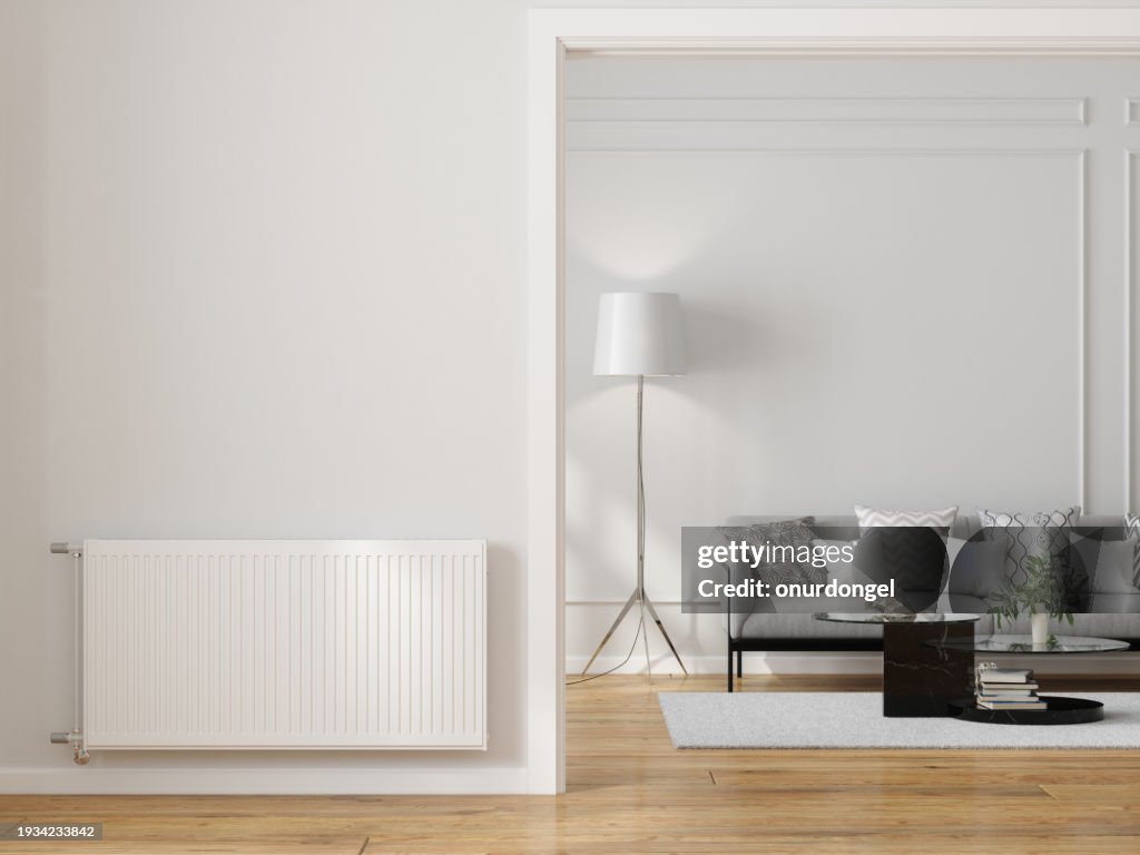 Modernes Wohnzimmer mit Heizkörper an leerer Wand, Sofa, Couchtisch und Stehlampe