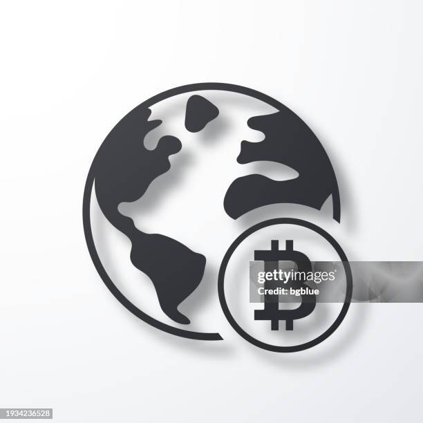 earth with bitcoin sign. icon with shadow on white background - blockchain globe stock illustrations