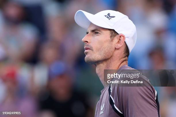Andy Murray of Great Britain looks on after losing his round one singles match against Tomas Martin Etcheverry of Argentina during the 2024...