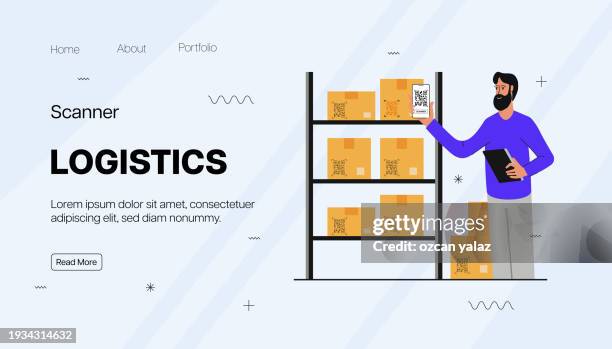 cargo tracking flat simple design.warehouse manager or warehouse worker with barcode scanner checking goods on storage shelves. - stacking shelves stock illustrations