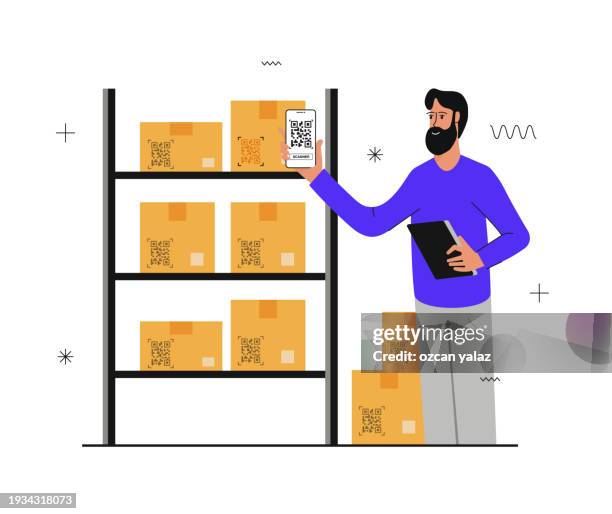 bildbanksillustrationer, clip art samt tecknat material och ikoner med cargo tracking flat simple design.warehouse manager or warehouse worker with barcode scanner checking goods on storage shelves. - barcode scanner