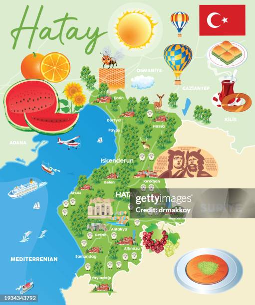 hatay travel map - kanafeh stock illustrations