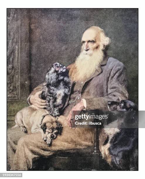 ilustraciones, imágenes clip art, dibujos animados e iconos de stock de antique photo of paintings: man with dogs - hombre perro