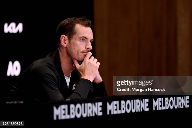 Andy Murray of Great Britain speaks to the media after his first round match loss against Tomas Martin Etcheverry of Argentina during the 2024...