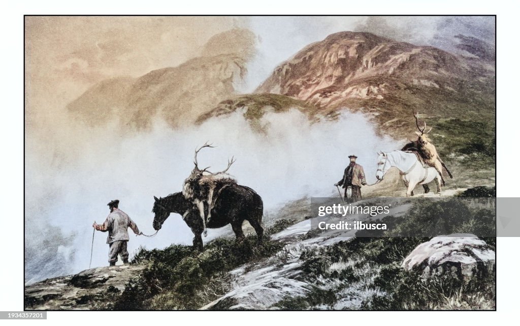 Antique photo of paintings: Hunters on mountains