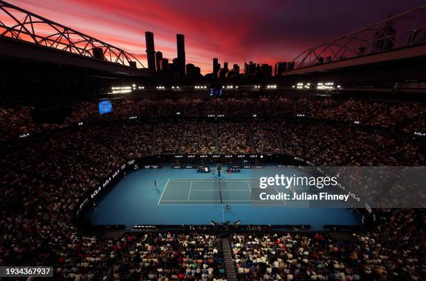 General view of Novak Djokovic of Serbia in action in their round one singles match against Dino Prizmic of Croatia during day one of the 2024...