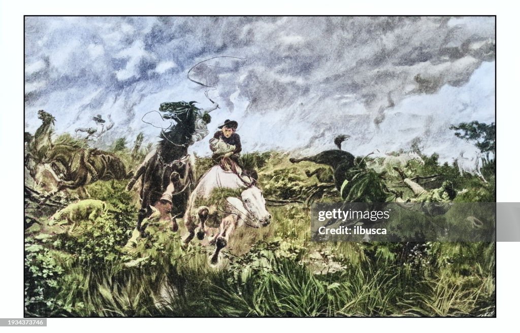 Antique photo of paintings: Escaping from Australian bush fire