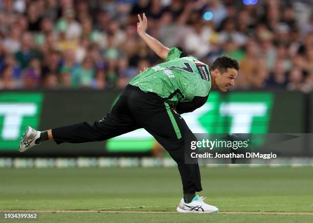 Nathan Coulter-Nile of the Stars bowls during the BBL match between Melbourne Stars and Hobart Hurricanes at Melbourne Cricket Ground, on January 15...