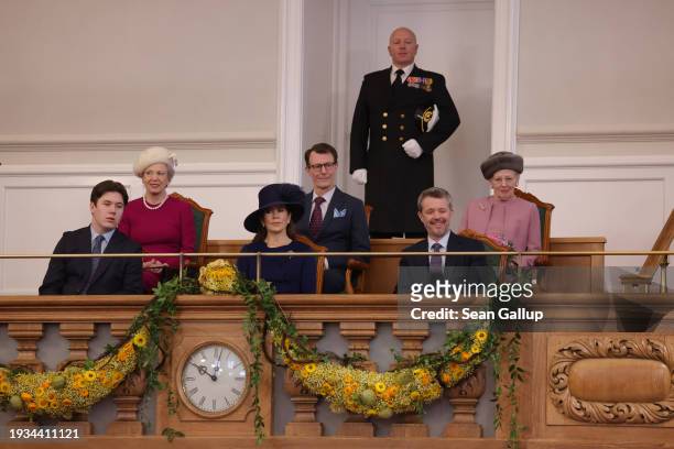 Crown Prince Christian, Queen Mary and King Frederik X, Princess Benedikte, Prince Joachim and Queen Margrethe attend the Danish Parliament's...