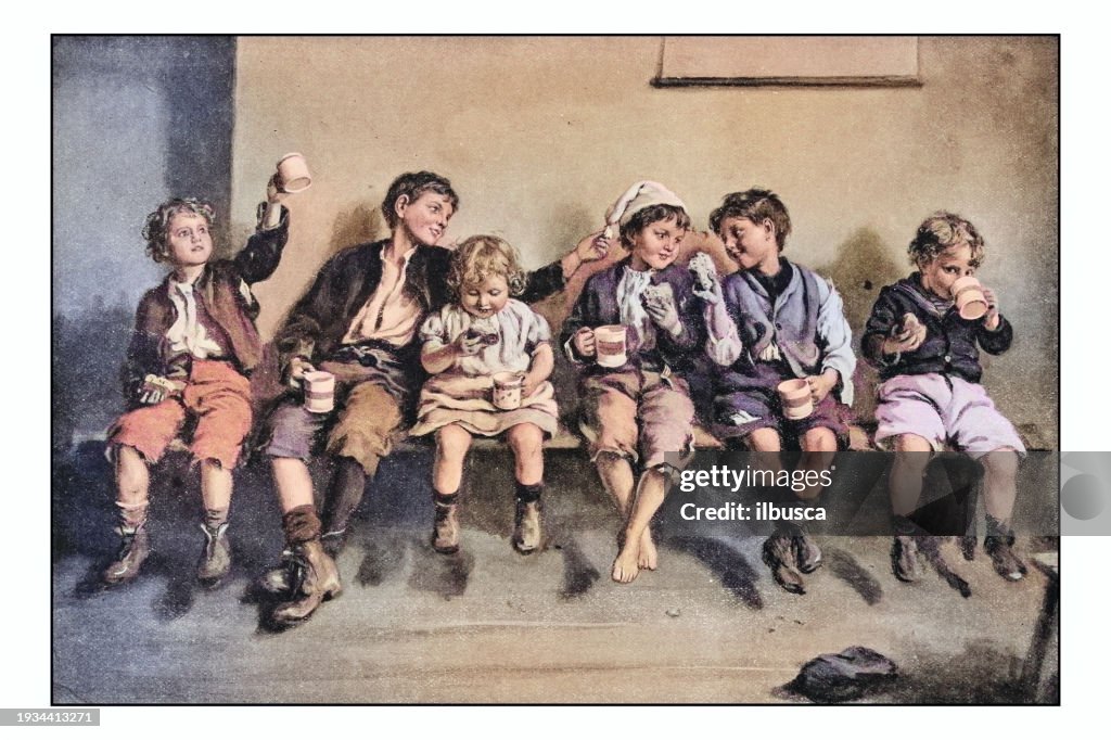 Antique photo of paintings: Children eating