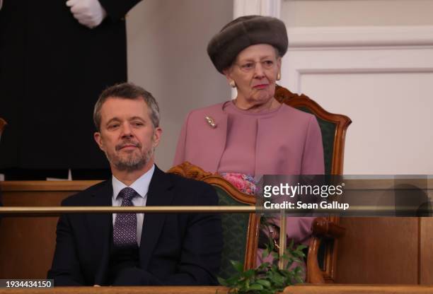 Danish King Frederik X and his mother, Queen Margrethe, attend the Danish Parliament's celebration of Frederik's succession to the throne at Danish...