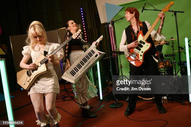 Emily Roberts, Aurora Nishevci and Lizzie Mayland of The Last Dinner Party perform at BBC Radio 1's Sound of 2024 LIVE at BBC Maida Vale Studios on...