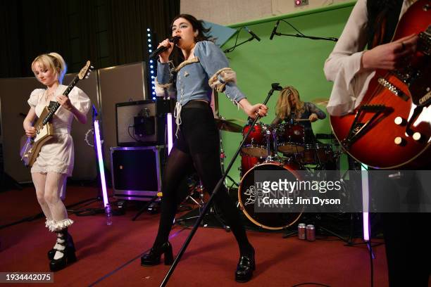Emily Roberts, Abigail Morris and Rebekah Rayner of The Last Dinner Party perform at BBC Radio 1's Sound of 2024 LIVE at BBC Maida Vale Studios on...