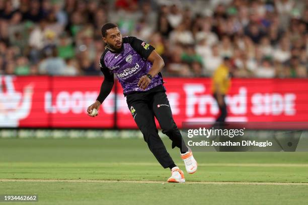 Chris Jordan of the Hurricanes field during the BBL match between Melbourne Stars and Hobart Hurricanes at Melbourne Cricket Ground, on January 15 in...