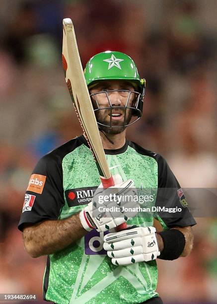 Glenn Maxwell of the Stars looks on during the BBL match between Melbourne Stars and Hobart Hurricanes at Melbourne Cricket Ground, on January 15 in...