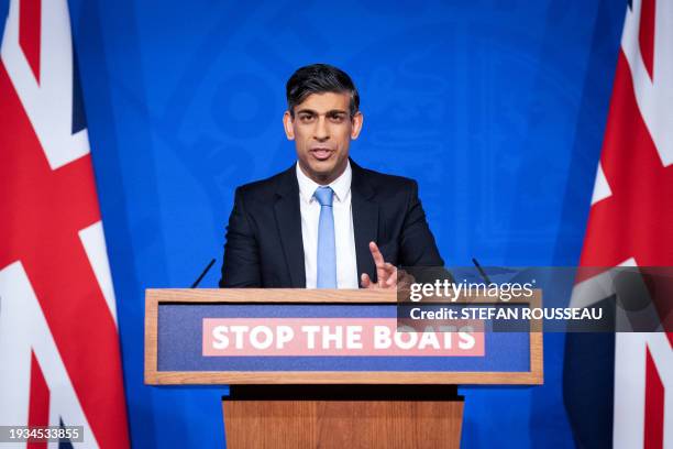 Britain's Prime Minister Rishi Sunak hosts a press conference inside the Downing Street Briefing Room, in central London on January 18 following the...