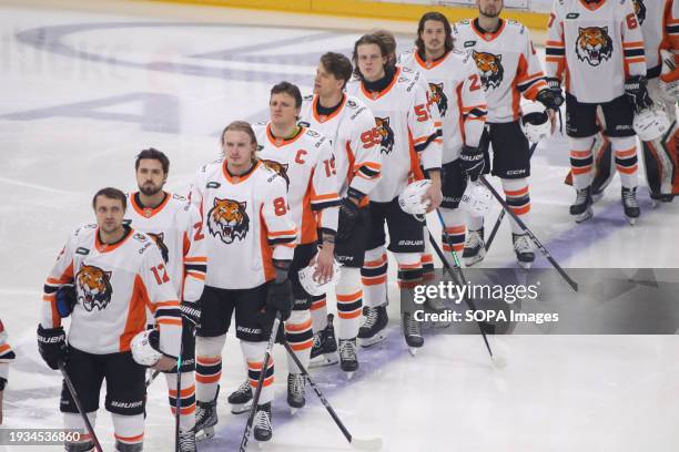 Amur Hockey Club players seen line up during the Kontinental Hockey League, regular season KHL 2023 - 2024 between SKA Saint Petersburg and Amur...
