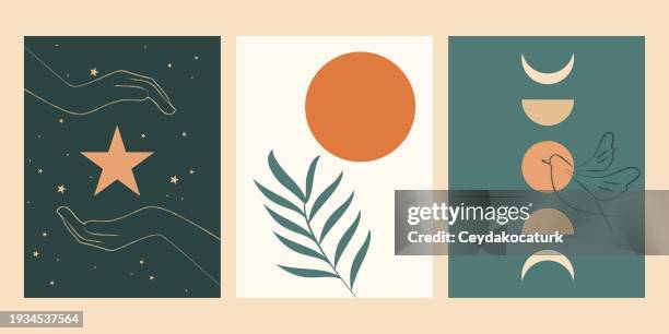 boho style inspiration wall art. star between hands, sun and flower, moon phases - celestial-sun-moon-and-stars-background stock illustrations