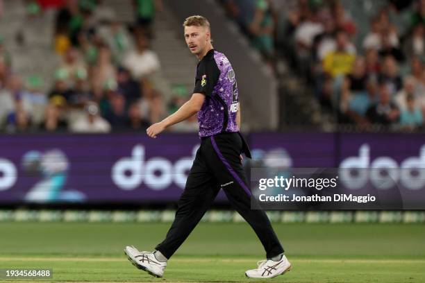 Riley Meredith of the Hurricanes in action during the BBL match between Melbourne Stars and Hobart Hurricanes at Melbourne Cricket Ground, on January...