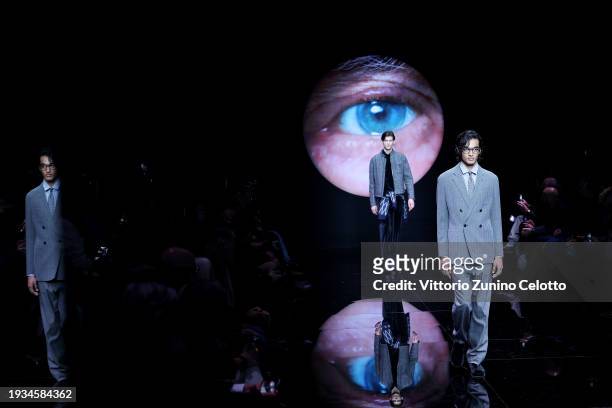 Models walk the runway at the Giorgio Armani fashion show during the Milan Menswear Fall/Winter 2024-2025 on January 15, 2024 in Milan, Italy.