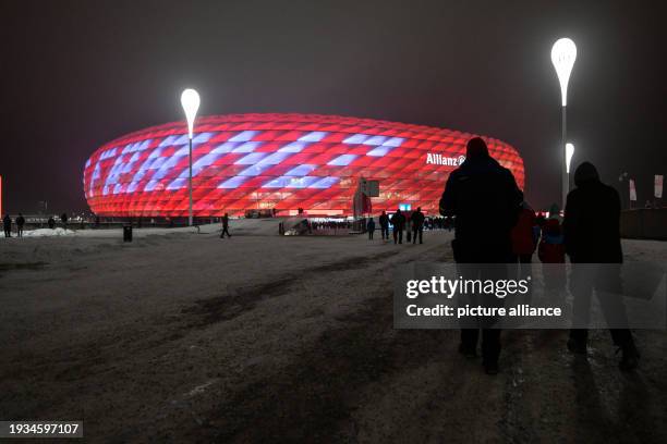 January 2024, Bavaria, Munich: Soccer: Bundesliga, Bayern Munich - TSG 1899 Hoffenheim, matchday 17: the Allianz Arena is illuminated with the words...