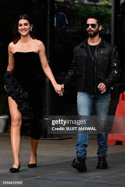 Bollywood actors Shahid Kapoor and Kriti Sanon attend the trailer launch of their Hindi-language film 'Teri Baaton Mein Aisa Uljha Jiya' in Mumbai on...