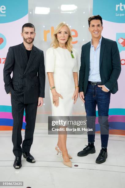 Pelayo Diaz, Carmen Lomana and Omar Suarez attend to presentation of the RTVE TV show "D Corazon" at Torrespaña on January 15, 2024 in Madrid, Spain.