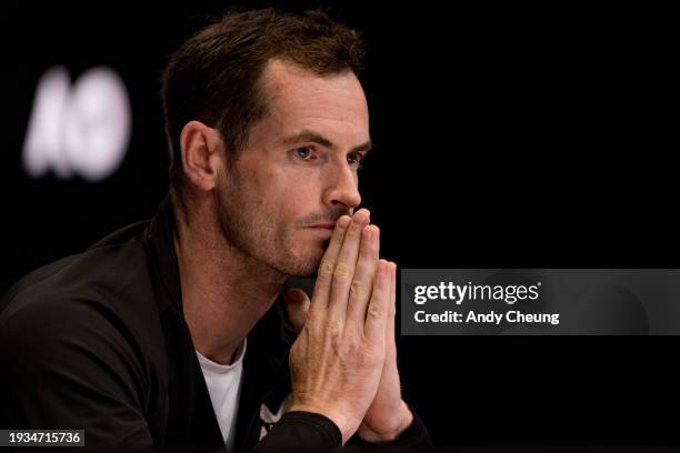 Andy Murray of Great Britain speaks to the media after his first round match loss against Tomas Martin Etcheverry of Argentina during the 2024...