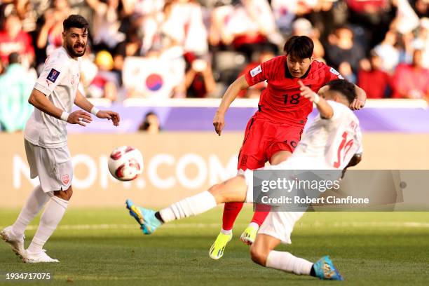 Lee Kang-In of South Korea scores their third goal during the AFC Asian Cup Group E match between South Korea and Bahrain at Jassim Bin Hamad Stadium...