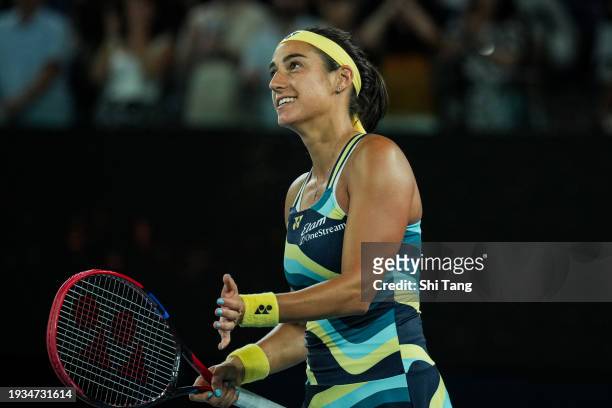 Caroline Garcia of France celebrates the victory in the Women's Singles First Round match against Naomi Osaka of Japan during day two of the 2024...