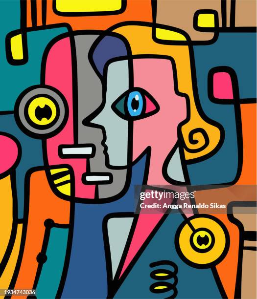 ilustrações de stock, clip art, desenhos animados e ícones de woman and robot abstract art - cubismo