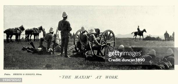 militärgeschichte soldaten der britischen armee mit maxim-maschinengewehr, kriegsführung, 1890er jahre 19. jahrhundert - schusswaffe stock-grafiken, -clipart, -cartoons und -symbole