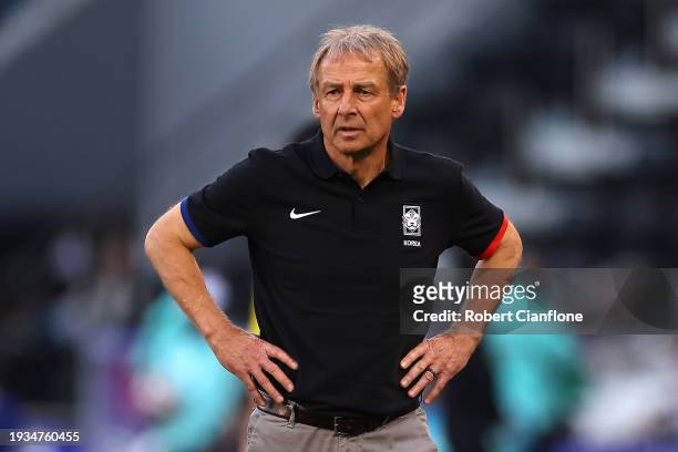 Jurgen Klinsmann, Manager of South Korea during the AFC Asian Cup Group E match between South Korea and Bahrain at Jassim Bin Hamad Stadium on...