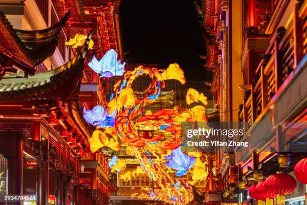 shanghai yuyuan garden illuminated during chinese new year celebration - the dragon stock pictures, royalty-free photos & images