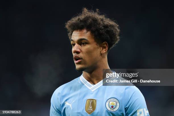 Oscar Bobb of Manchester City during the Premier League match between Newcastle United and Manchester City at St. James Park on January 13, 2024 in...