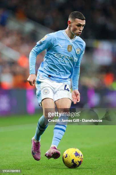 Phil Foden of Manchester City during the Premier League match between Newcastle United and Manchester City at St. James Park on January 13, 2024 in...