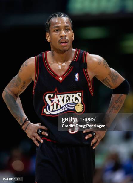 Allen Iverson, Shooting Guard and Point Guard for the Philadelphia 76ers looks on with hands on hips during the NBA Atlantic Division basketball game...