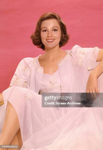 Paula Prentiss for publicity portrait in white dress circa 1965.